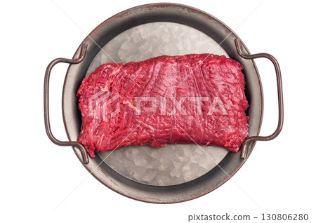 Uncooked flank steak, raw beef flap meat steak isolated on white background. top view 130806280