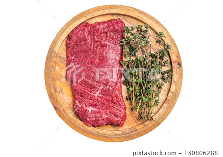 Flank steak, raw beef meat with herbs for frying isolated on white background. top view 130806288