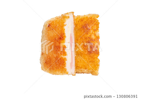 Fried Chicken cordon bleu cutlet with cheese and ham in breadcrumbs isolated on white backgroun Fried Chicken cordon bleu cutlet with cheese and ham in breadcrumbs isolated on white backgroun 130806391