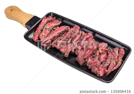 BBQ Grilled Flank beef steak, sliced meat with herbs isolated on white background. top view 130806416