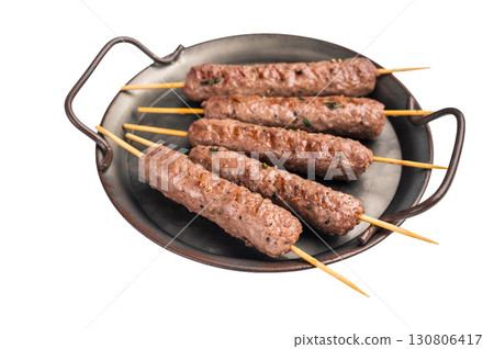 Grilled minced beef and lamb kebabs skewers with fresh spices, arabic kofta kofte kebab isolated on white background. top view 130806417