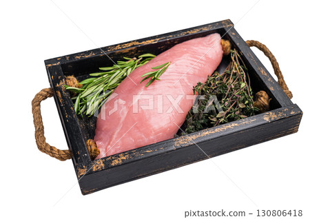 Raw poultry meat, fresh turkey breast fillet with herbs for cooking isolated on white background. top view 130806418