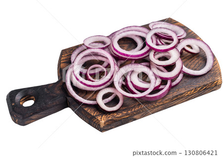 Sliced rings of red onion or purple onion isolated on white background. top view Sliced rings of red onion or purple onion isolated on white background. top view 130806421