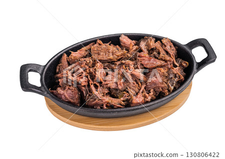Slow Cooked Pulled Beef, Traditional meat rubbed with spices and smoked isolated on white background. top view Slow Cooked Pulled Beef, Traditional meat rubbed with spices and smoked isolated on white background. top view 130806422