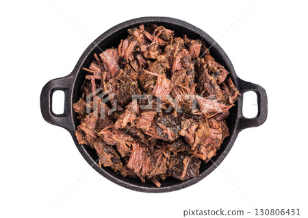 Barbecue wagyu meat torn to bits pulled beef in a skillet isolated on white background. top view Barbecue wagyu meat torn to bits pulled beef in a skillet isolated on white background. top view 130806431