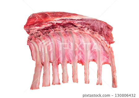 Raw rack of lamb, mutton cutlets isolated on white background. top view Raw rack of lamb, mutton cutlets isolated on white background. top view 130806432