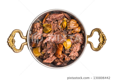 Slow cooked Beef Cheek, Braised meat with vegetables in a skillet isolated on white background. top view 130806442