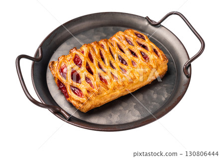 Danish pastry with a strawberry and cream cheese filling, isolated on white background. top view Danish pastry with a strawberry and cream cheese filling, isolated on white background. top view 130806444