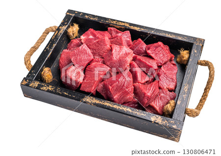 Diced Roe Deer meat, raw Venison Wild Game Meat Isolated on white background. top view Diced Roe Deer meat, raw Venison Wild Game Meat Isolated on white background. top view 130806471