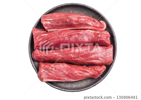 Fresh lamb tenderloin fillet meat, raw loin mutton isolated on white background. top view Fresh lamb tenderloin fillet meat, raw loin mutton isolated on white background. top view 130806481