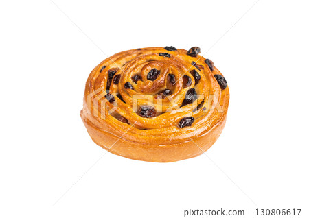 Danish raisin pastry swirls isolated on white background. top view 130806617