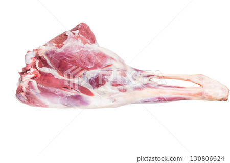 Raw whole goat leg, fresh meat isolated on white background. top view Raw whole goat leg, fresh meat isolated on white background. top view 130806624