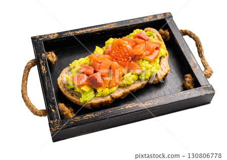 Sandwich with smoked salmon, trout, avocado and red caviar isolated on white background Sandwich with smoked salmon, trout, avocado and red caviar isolated on white background 130806778