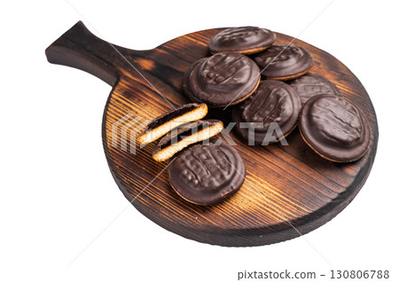 Jaffa Cookies covered with chocolate and filled with jam isolated on white background Jaffa Cookies covered with chocolate and filled with jam isolated on white background 130806788