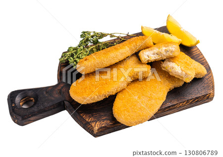 Deep fried Fish fingers on wooden board isolated on white background. top view Deep fried Fish fingers on wooden board isolated on white background. top view 130806789