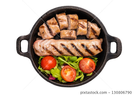 Grilled sliced sausages, beef and pork meat with salad isolated on white background Grilled sliced sausages, beef and pork meat with salad isolated on white background 130806790