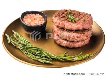 BBQ roasted hamburger chopped meat steaks patties with rosemary isolated on white background BBQ roasted hamburger chopped meat steaks patties with rosemary isolated on white background 130806794