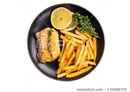 Homemade Fish and chips with roast cod whitefish fillet and fried potatoes on plate isolated on white background Homemade Fish and chips with roast cod whitefish fillet and fried potatoes on plate isolated on white background 130806795