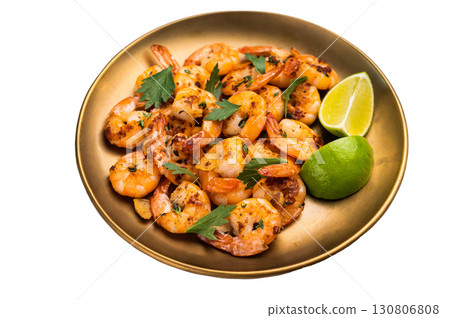BBQ roasted Shrimps Prawns in a plate isolated on white background. BBQ roasted Shrimps Prawns in a plate isolated on white background. 130806808