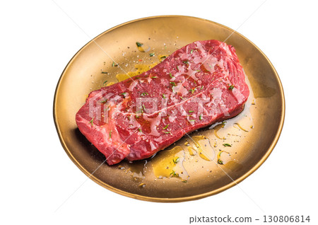 Marinated with olive oil and herbs Raw top sirloin or rump beef steak isolated on white background. top view Marinated with olive oil and herbs Raw top sirloin or rump beef steak isolated on white background. top view 130806814