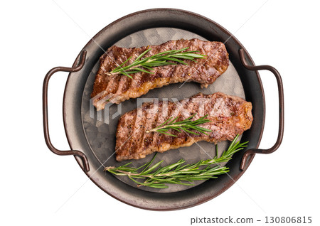 BBQ roast marbled beef Steak, beef meat on tray with herbs isolated on white background 130806815