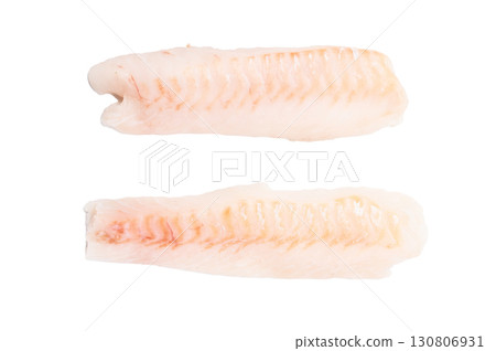 Loin cod fish fillets, ready for cooking raw Boneless whitefish meat isolated on white background Loin cod fish fillets, ready for cooking raw Boneless whitefish meat isolated on white background 130806931