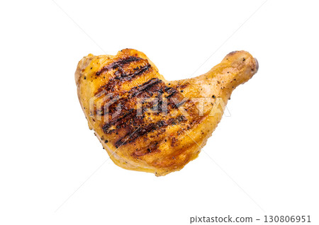 Delicious grilled chicken leg or quarter with salt and spices, roasted poultry meat isolated on white background. Delicious grilled chicken leg or quarter with salt and spices, roasted poultry meat isolated on white background. 130806951