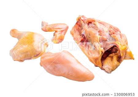 Fresh, raw chicken pieces from an eco farm, isolated on white background Fresh, raw chicken pieces from an eco farm, isolated on white background 130806953