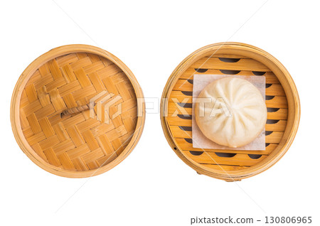 Momo with meat in bamboo steamer isolated on white background. top view 130806965