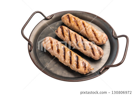 Grilled sausages with beef and pork meat isolated on white background 130806972