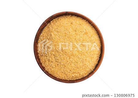 Pile of breadcrumbs in a wooden bowl isolated on white background. top view 130806975