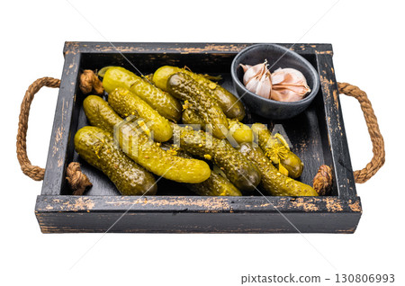 Sweet and tangy pickled cucumbers, ideal for enhancing burgers and wraps with a burst of flavor. isolated on white background. top view Sweet and tangy pickled cucumbers, ideal for enhancing burgers and wraps with a burst of flavor. isolated on white background. top view 130806993