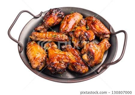 Savory grilled chicken wings smothered in tangy barbecue sauce, the ultimate treat for meat lovers and party enthusiasts. isolated on white background. top view Savory grilled chicken wings smothered in tangy barbecue sauce, the ultimate treat for meat lovers and party enthusiasts. isolated on white background. top view 130807000