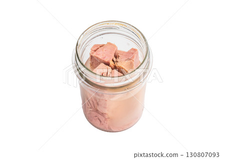 Versatile tinned canned tuna ready to elevate your recipes, from pasta dishes to hearty casseroles. isolated on white background. top view 130807093