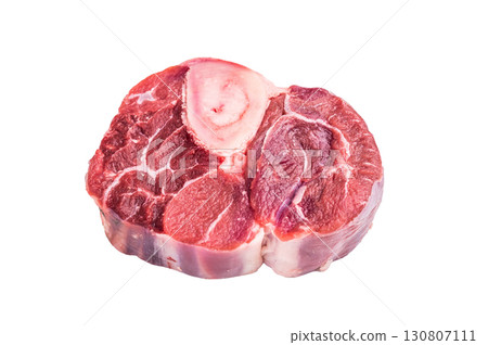 Fresh raw ossobuco, osso buco meat, showcasing tender veal shank with rich marrow, perfect for gourmet Italian dishes. isolated on white background. top view 130807111