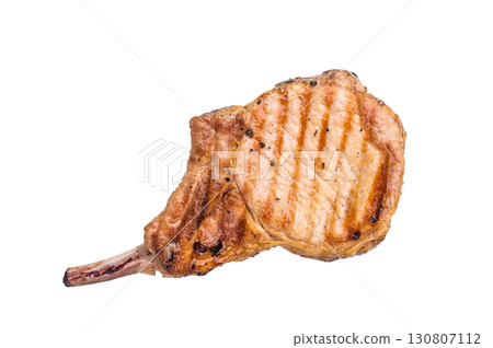 Juicy grilled pork Tomahawk chop, perfectly seared and bursting with flavor, ideal for a hearty feast. isolated on white background. top view Juicy grilled pork Tomahawk chop, perfectly seared and bursting with flavor, ideal for a hearty feast. isolated on white background. top view 130807112
