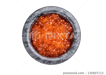 Exquisite salmon roe, vibrant and rich, ideal for adding a touch of elegance to your culinary creations. isolated on white background. top view 130807113