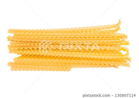Uncooked mafaldine, ready to be transformed into a delicious dish that highlights its delightful texture. isolated on white background. top view 130807114