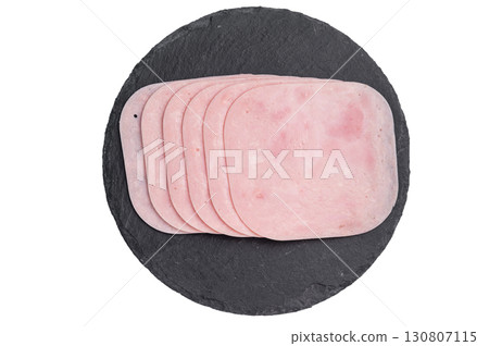 Thinly sliced ham arranged beautifully, perfect for sandwiches, charcuterie boards, or gourmet meals. isolated on white background. top view 130807115