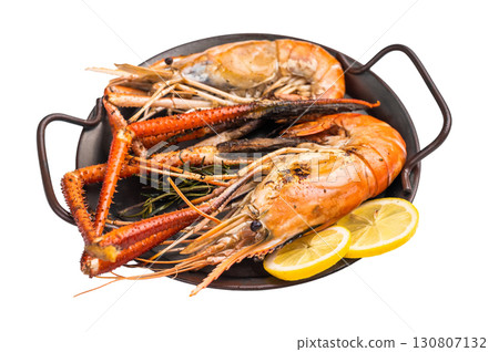 Succulent grilled rosenbergii prawn shrimp, perfectly charred and bursting with flavor, ideal for seafood lovers. isolated on white background. top view Succulent grilled rosenbergii prawn shrimp, perfectly charred and bursting with flavor, ideal for seafood lovers. isolated on white background. top view 130807132