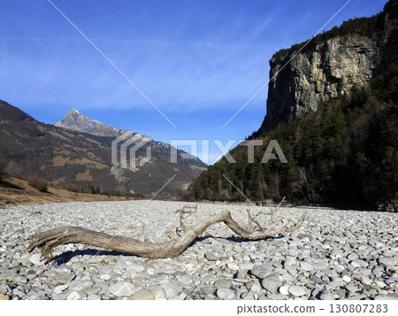 Upper Rhine River: Stones and driftwood on the riverbed during the winter when there is little water (Canton of St. Gallen, Switzerland) 130807283