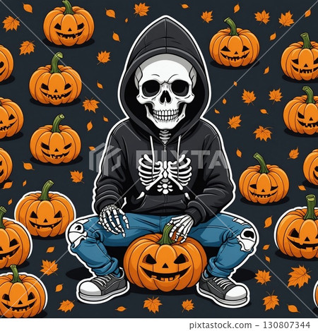 Cute skeleton wearing a hoodie and jeans, with a black hood, sitting on the ground surrounded by pumpkins. 130807344