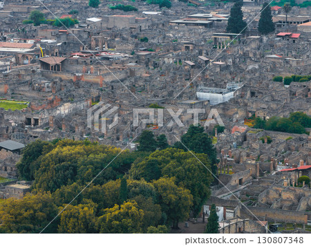 Aerial view of Pompeii's ancient stone buildings, streets, and ruins, with green vegetation in the foreground and modern buildings in the background. 130807348