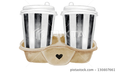 Coffee cups holder watercolor illustration. Hand drawn two glasses of hot cappuccino on a coaster. Food clip art. Ideal for bakery prints, postcards and pastry shop posters. Coffee cups holder watercolor illustration. Hand drawn two glasses of hot cappuccino on a coaster. Food clip art. Ideal for bakery prints, postcards and pastry shop posters. 130807661