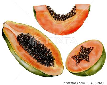 Papaya watercolor. Hand drawn ripe tropical fruit on white background. Ideal for logo, cosmetics and product packaging Papaya watercolor. Hand drawn ripe tropical fruit on white background. Ideal for logo, cosmetics and product packaging 130807663
