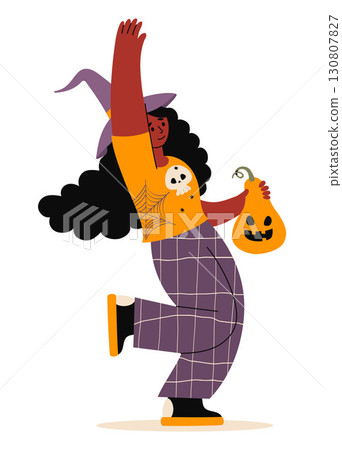 Halloween. Happy Woman In Witch Hat and Pumpkin lantern Jack. Cute Having fun, dancing holiday ethnic black female Character. Vector illustration. Not AI 130807827