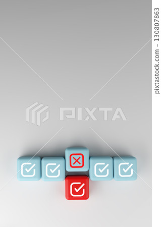Decision making and risk management concept with check mark and cross icons on cubes Decision making and risk management concept with check mark and cross icons on cubes 130807863