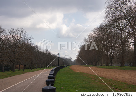 A paved road and dirt path run parallel in a London park, separated by grass and lined with bare trees. The London Eye is visible under a partly cloudy sky. A paved road and dirt path run parallel in a London park, separated by grass and lined with bare trees. The London Eye is visible under a partly cloudy sky. 130807935