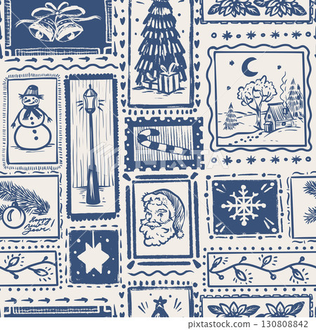 Vintage Christmas seamless pattern mark stamp holiday winter retro festive illustration background 130808842