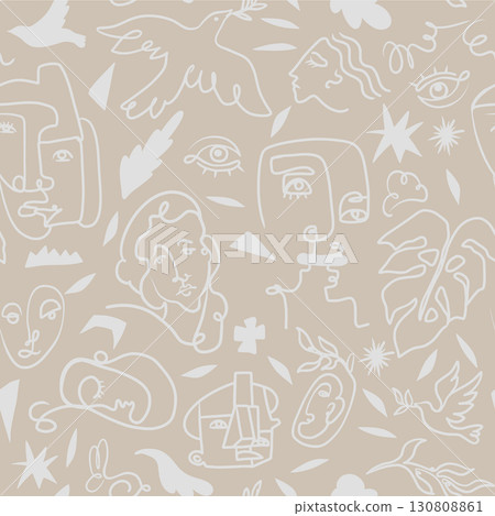 Abstract seamless pattern style lineart elements with faces birds plants. Abstract seamless pattern style lineart elements with faces birds plants. 130808861